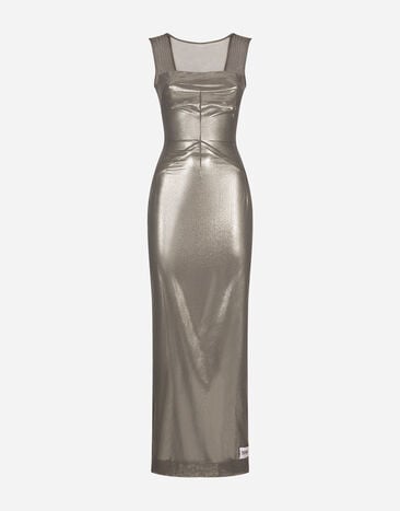 Dolce & Gabbana KIM DOLCE&GABBANAفستان طويل من تول وجيرسي ممعدن أسود VG6187VN187