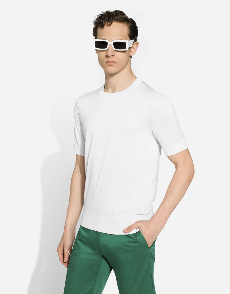 Dolce & Gabbana Round-neck silk sweater with Dolce&Gabbana logo Bianco GXX03ZJBSJS