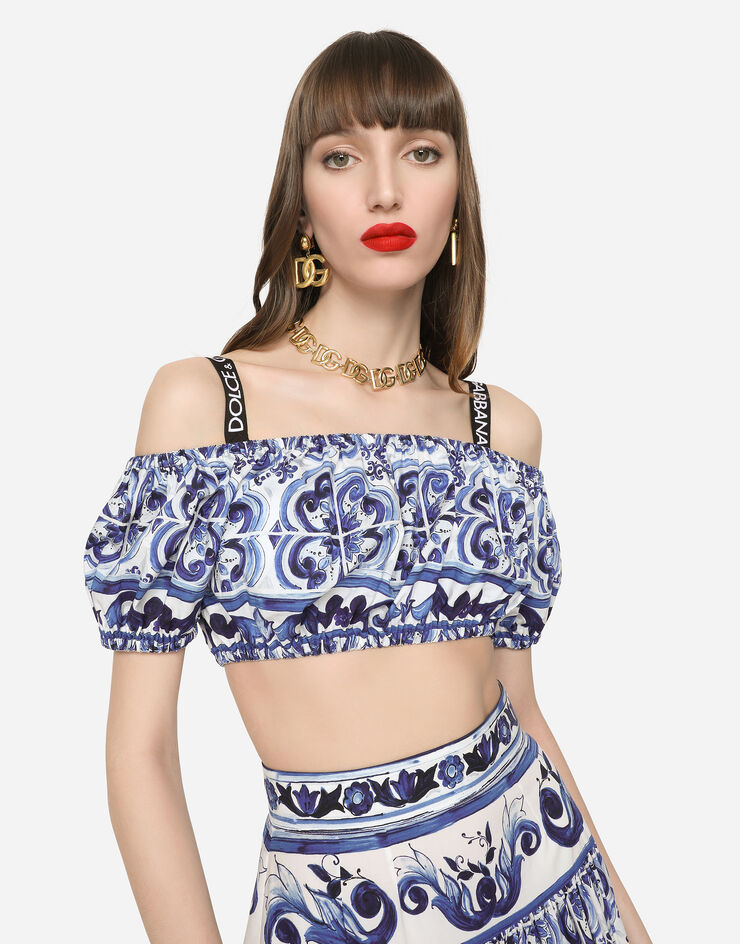 Dolce & Gabbana Top corto de popelina con estampado de mayólica Multicolor F755RTHH5BA
