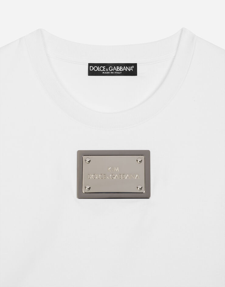 Dolce & Gabbana KIM DOLCE&GABBANA T-shirt cropped con placca “KIM Dolce&Gabbana” Bianco F8S21THU7H8