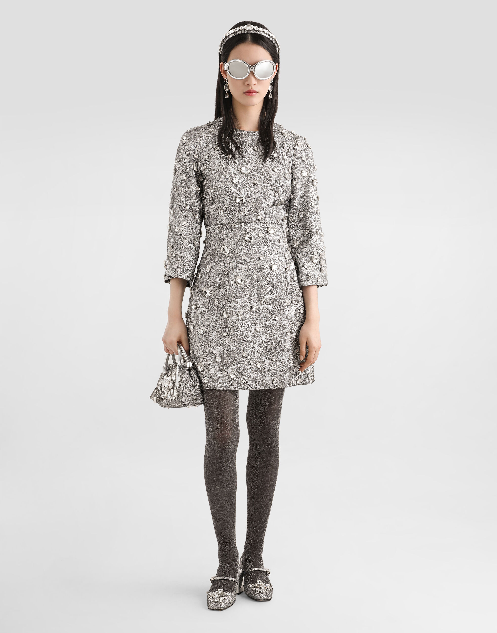 Floral lamé jacquard dress with embroidery in Multicolor for Women
