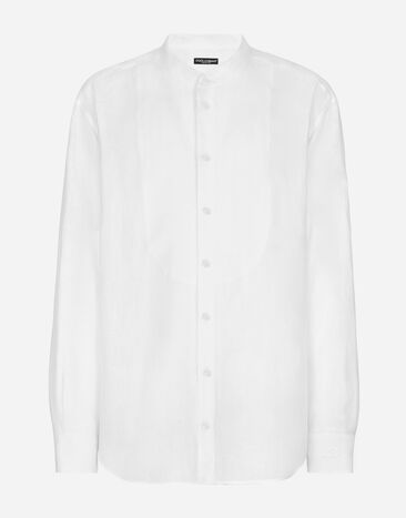 Dolce & Gabbana قميص كتان بتطريز DG وتفصيل قميصي أمامي أزرق فاتح G5LI8TFU4LG
