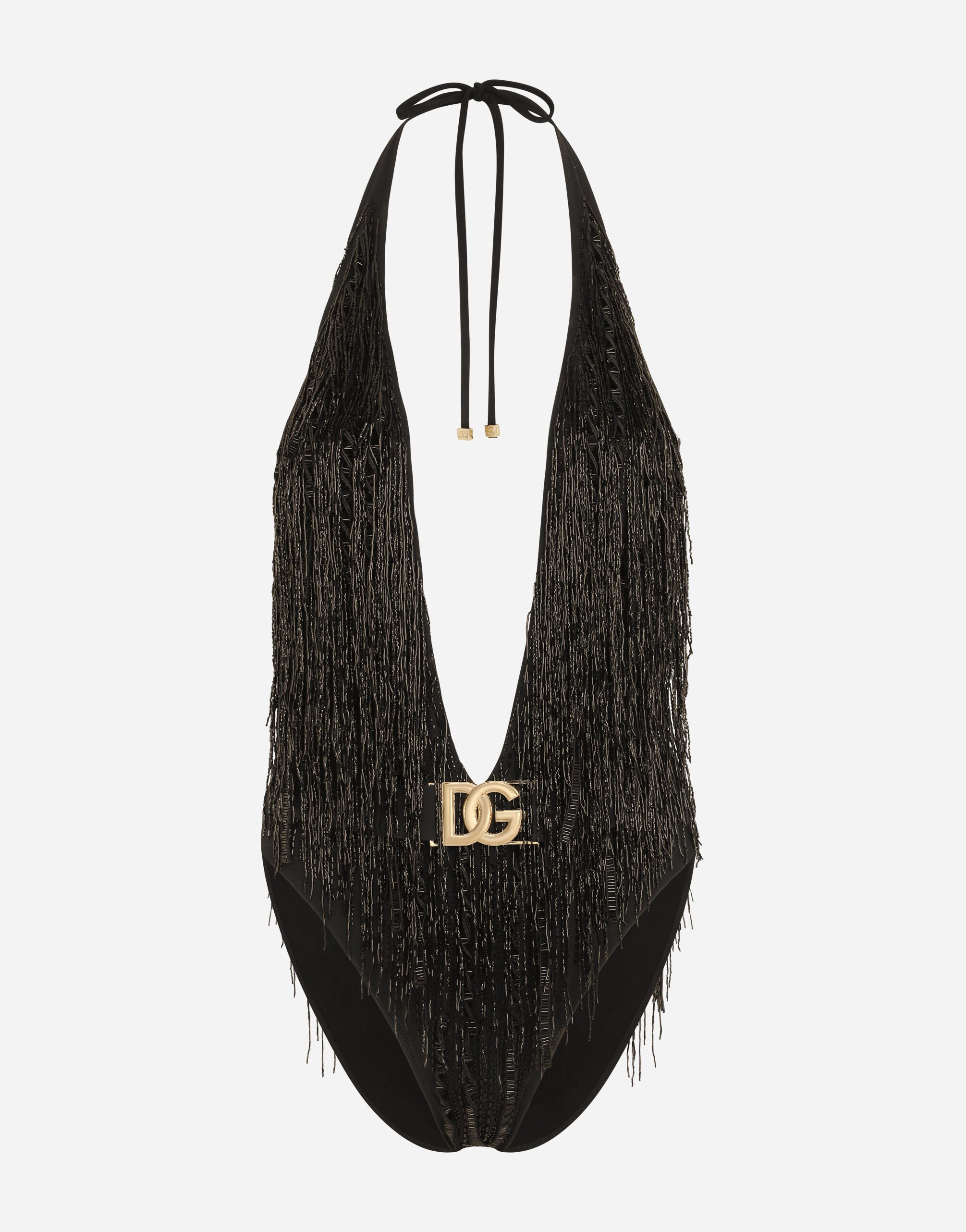 Black fringe best sale one piece swimsuit