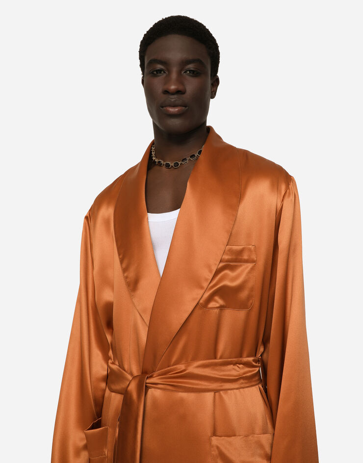 Dolce&Gabbana Silk satin robe with metal DG logo Beige I0210MFU1AU
