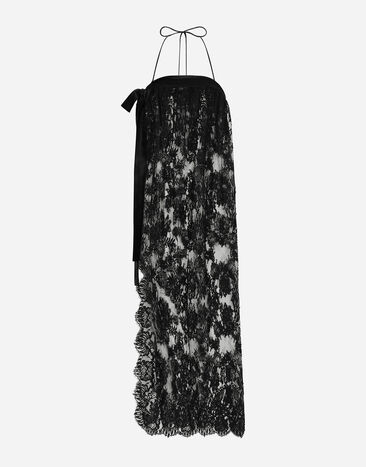 Dolce & Gabbana Vestido longuette de encaje Chantilly con detalles de raso Negro F7AI3THLMAA