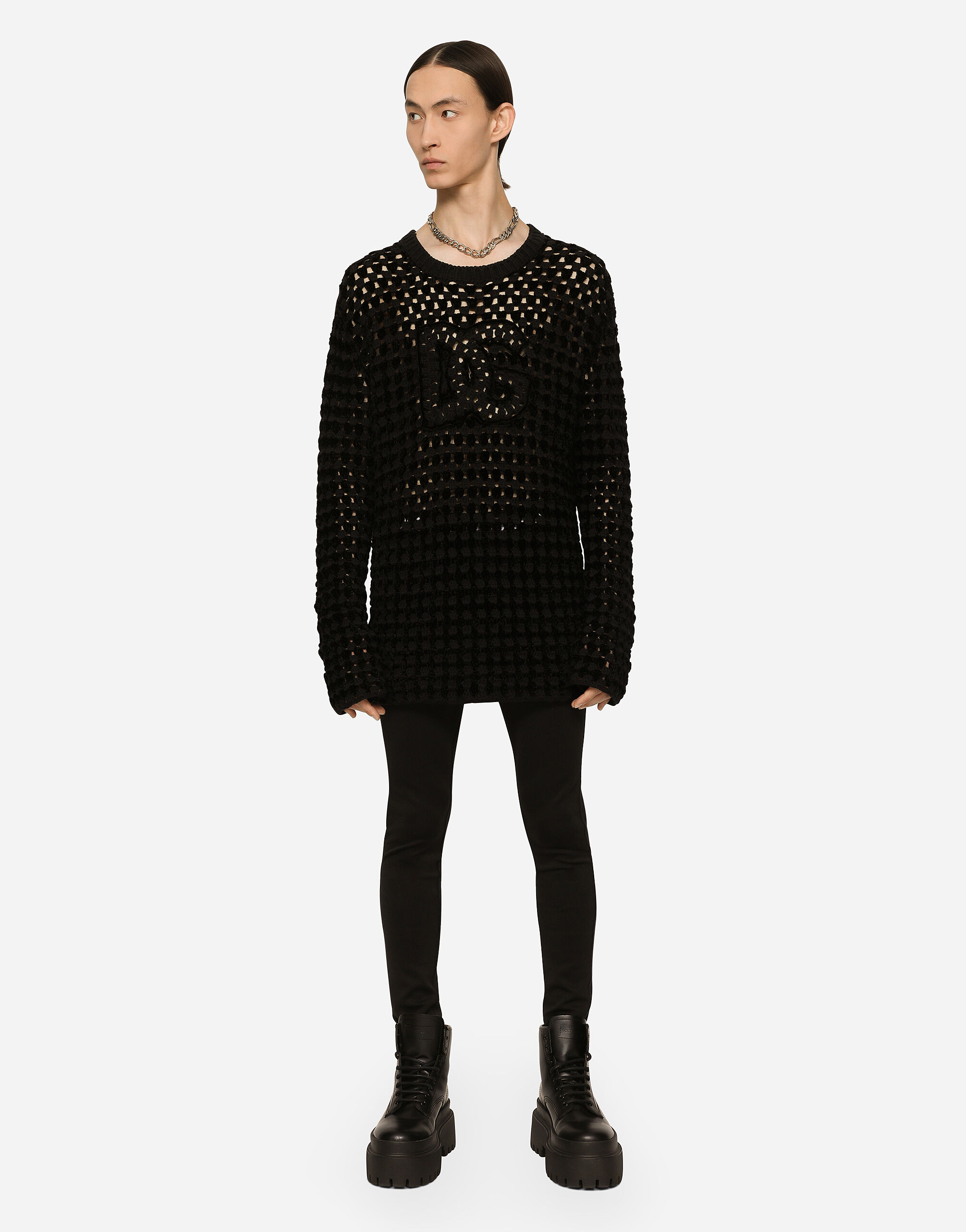 Crochet stitch round neck sweater with DG logo in Black for