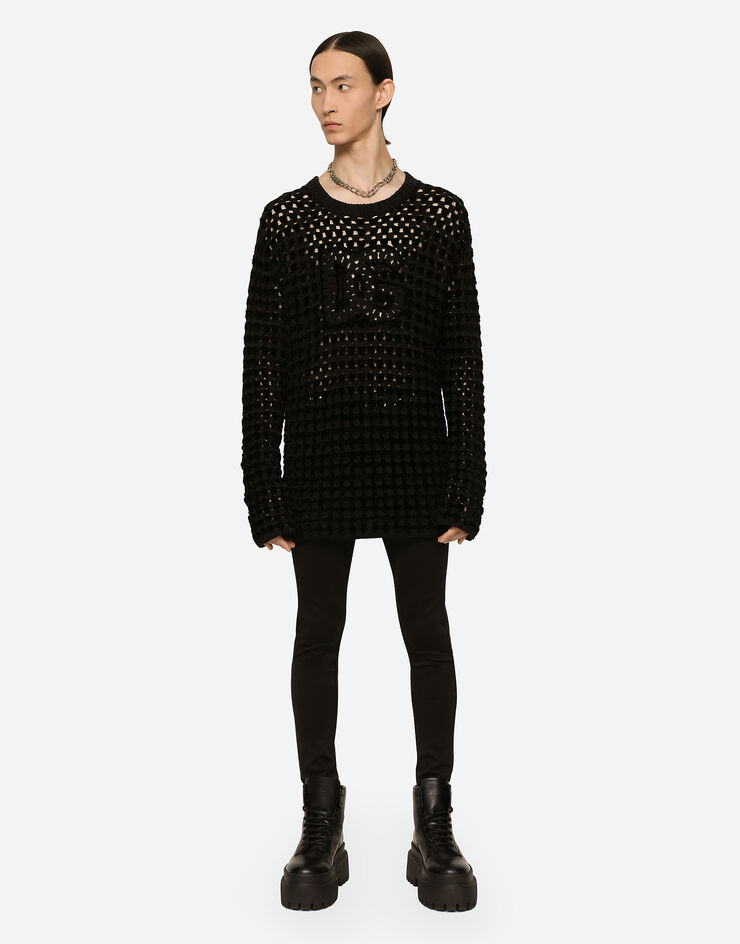Dolce & Gabbana Crochet-stitch round-neck sweater with DG logo Black GXN41TJEMI9