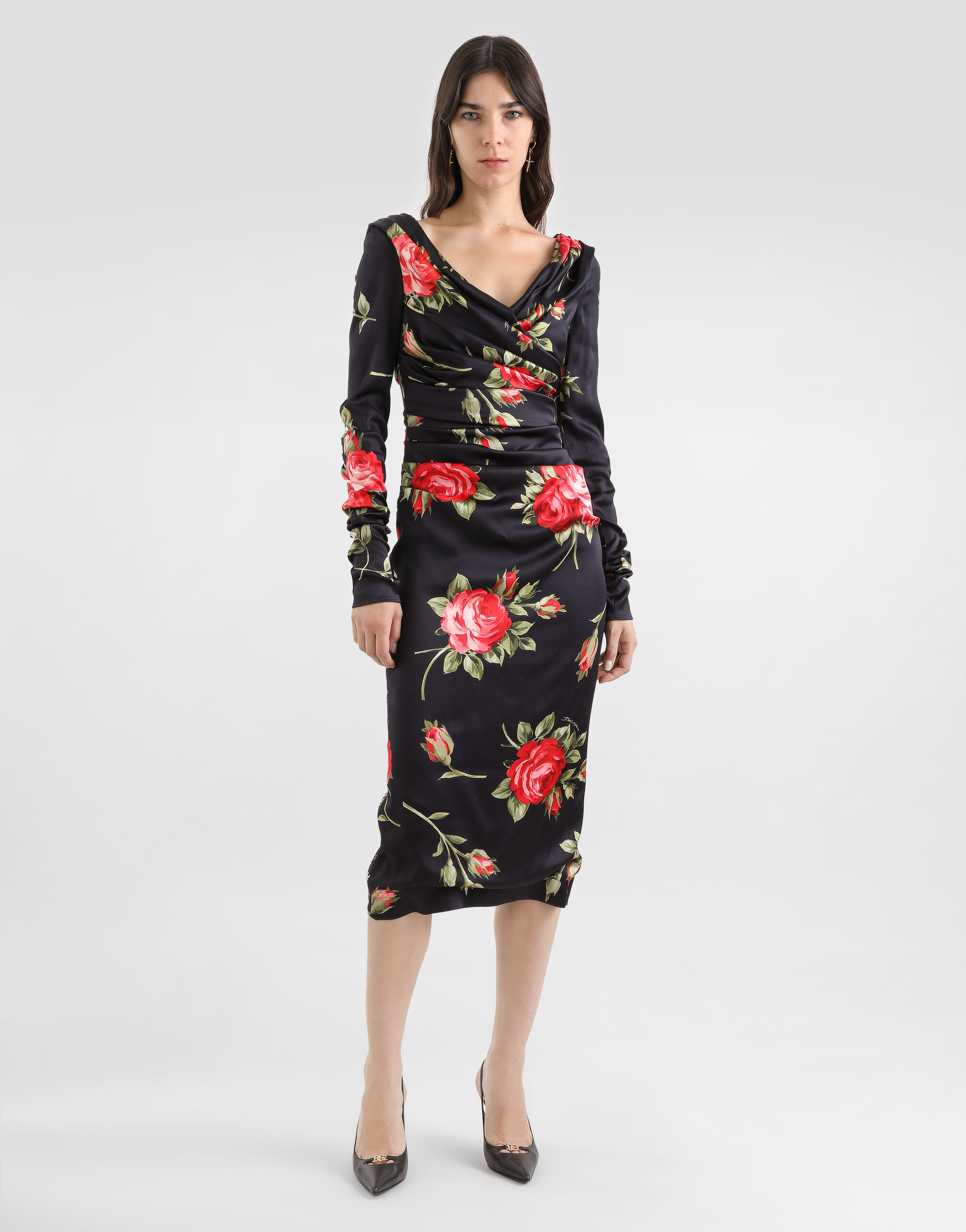 Rose bouquet-print draped satin dress in Multicolor for Women