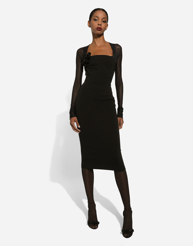 Dolce & Gabbana Jersey calf-length dress with tulle sleeves Nero F6DLXTFUGN7