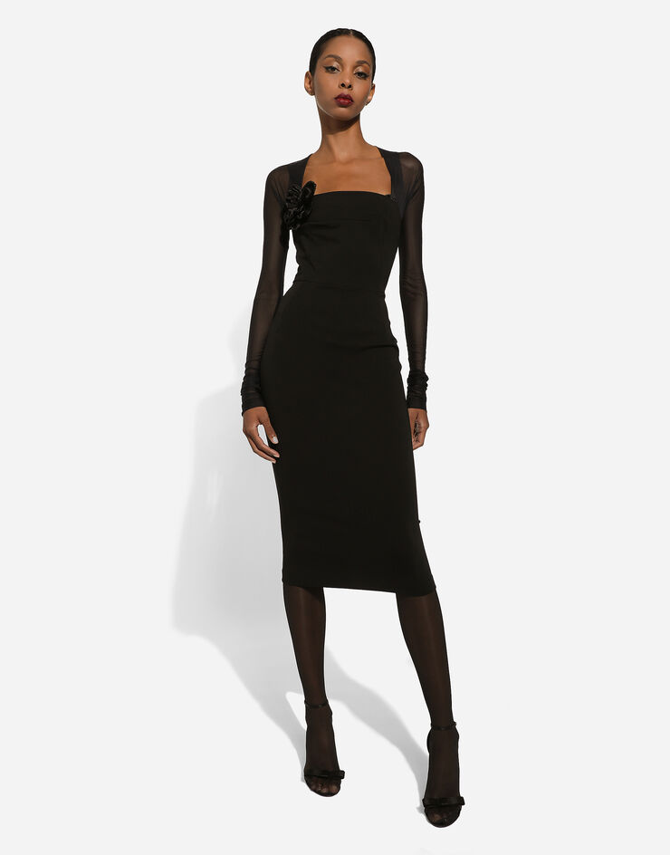 Dolce & Gabbana Vestido longuette de punto con mangas de tul Negro F6DLXTFUGN7