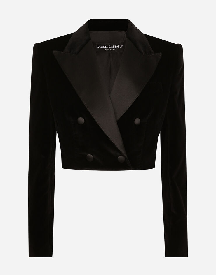 Dolce & Gabbana Chaqueta tipo esmoquin corta de botonadura doble de terciopelo Negro F291WTFUVG7