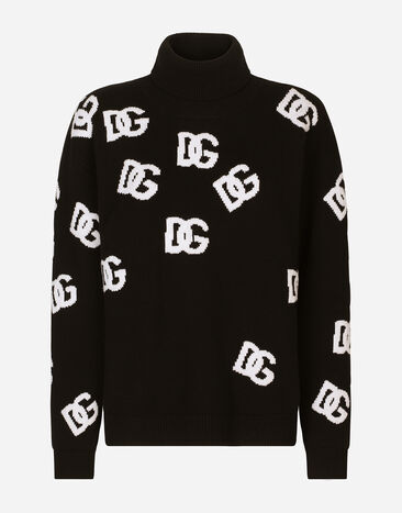 Dolce & Gabbana Rollkragenpullover aus Schurwolle mit DG-Intarsienlogo Mehrfarbig FXI25TJBVX8