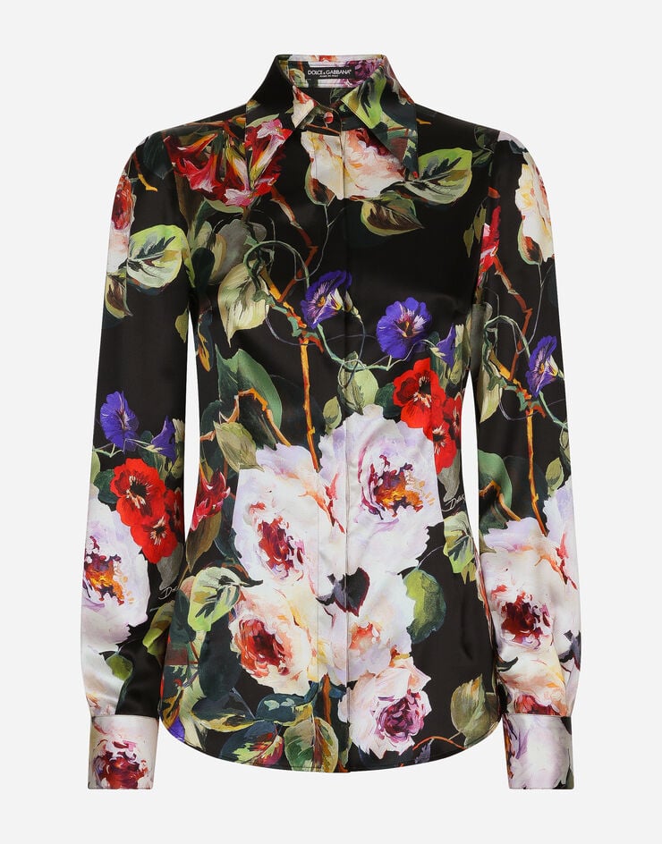 Satin shirt with rose garden print in Print for | Dolce&Gabbana® US