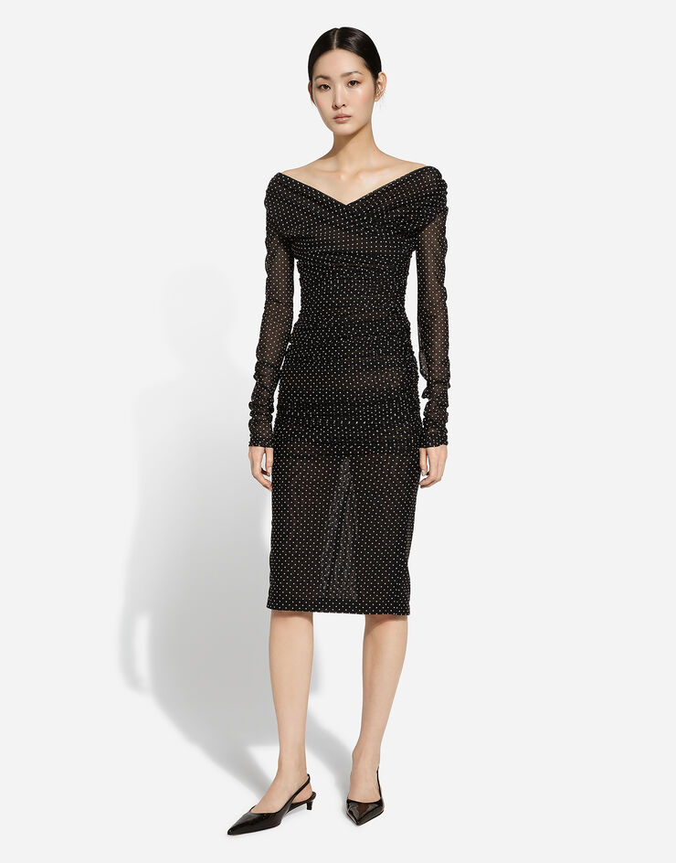 Dolce & Gabbana Drapiertes Longuette-Kleid aus Tüll Punkteprint Drucken F6JIYTFSRP1