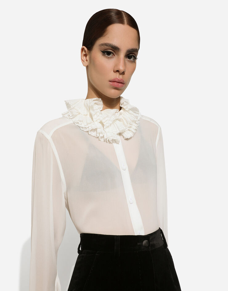 Dolce & Gabbana Camisa de georgette con detalles en el cuello y puños plisados Blanco F5S22TFUAFU