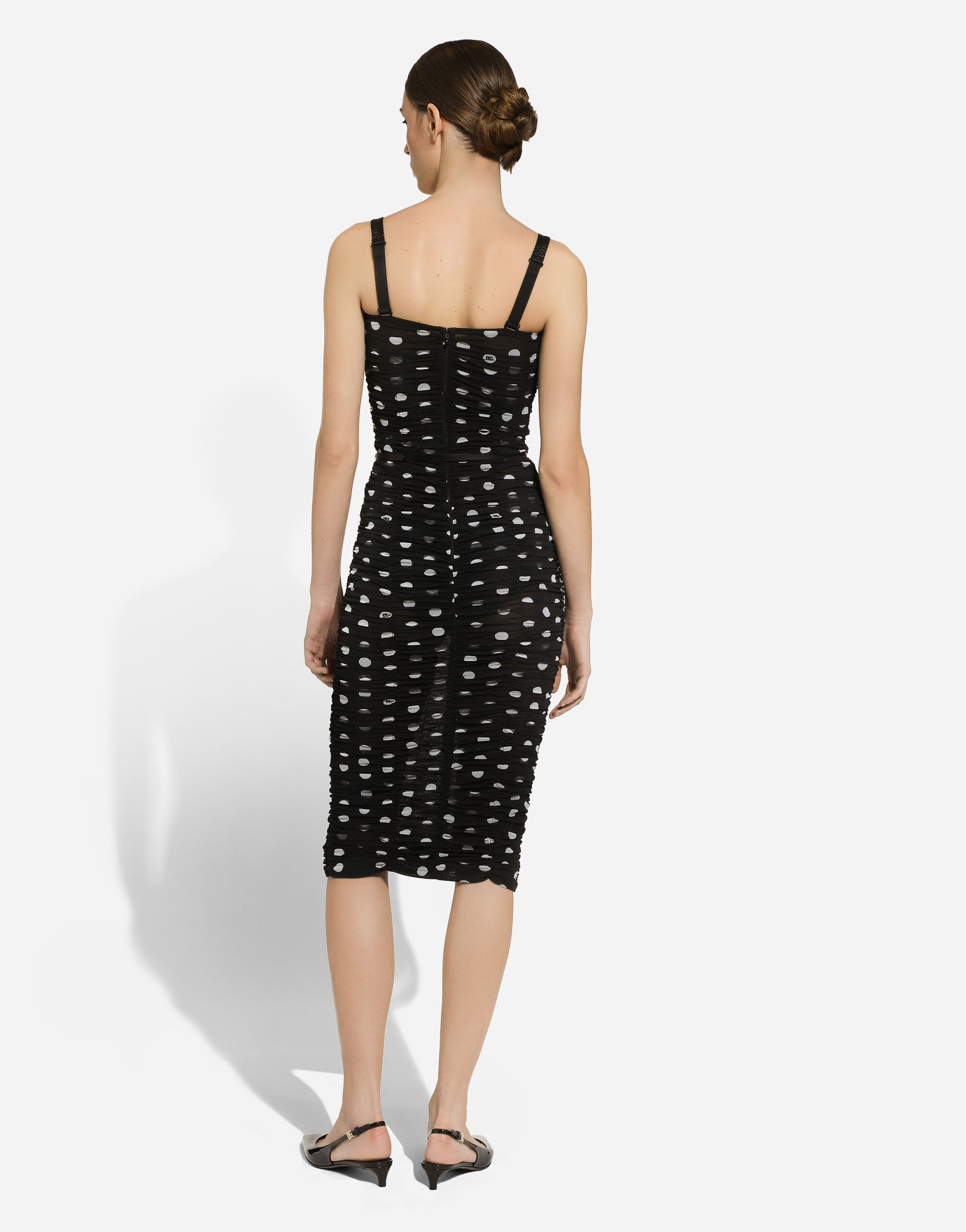 Abito longuette a tubino drappeggiato in tulle stampa pois in Stampa da Donna Dolce Gabbana