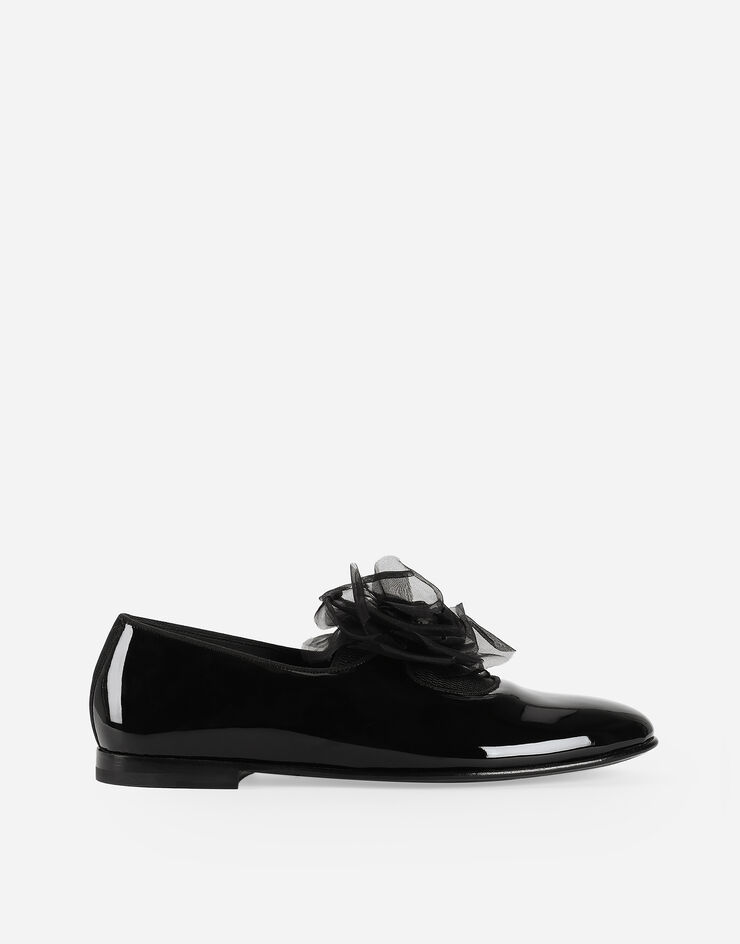 Dolce & Gabbana Patent leather slippers with flower appliqué Black A50645A3G48