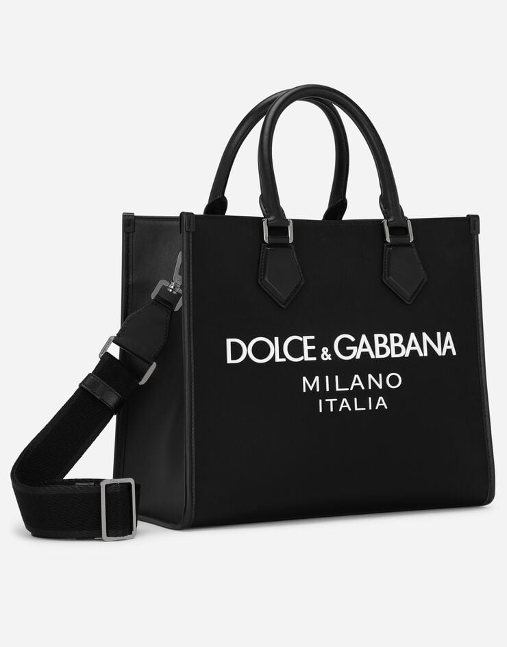 Dolce & Gabbana Kleiner Shopper aus Nylon mit gummiertem Logo Schwarz BM2012AG182