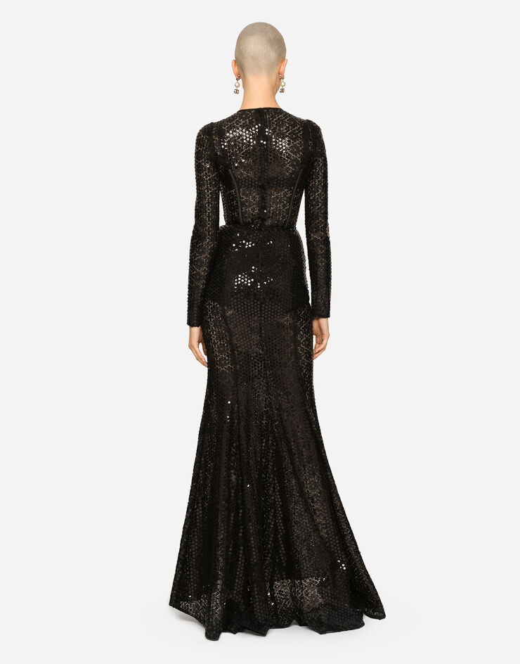 Dolce & Gabbana Langes Paillettenkleid im Meerjungfrauenstil Schwarz F6ZM7THLM50