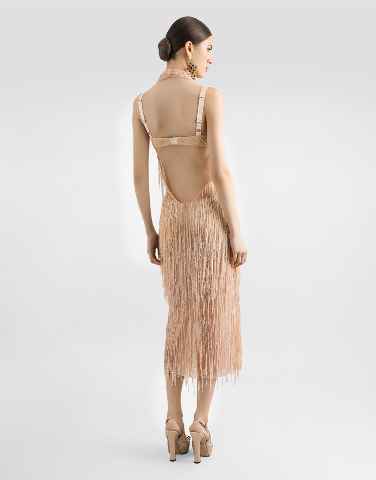 Dolce & Gabbana Robe mi-longue avec franges brodées de paillettes Multicolore F6TQBZGDC1Q