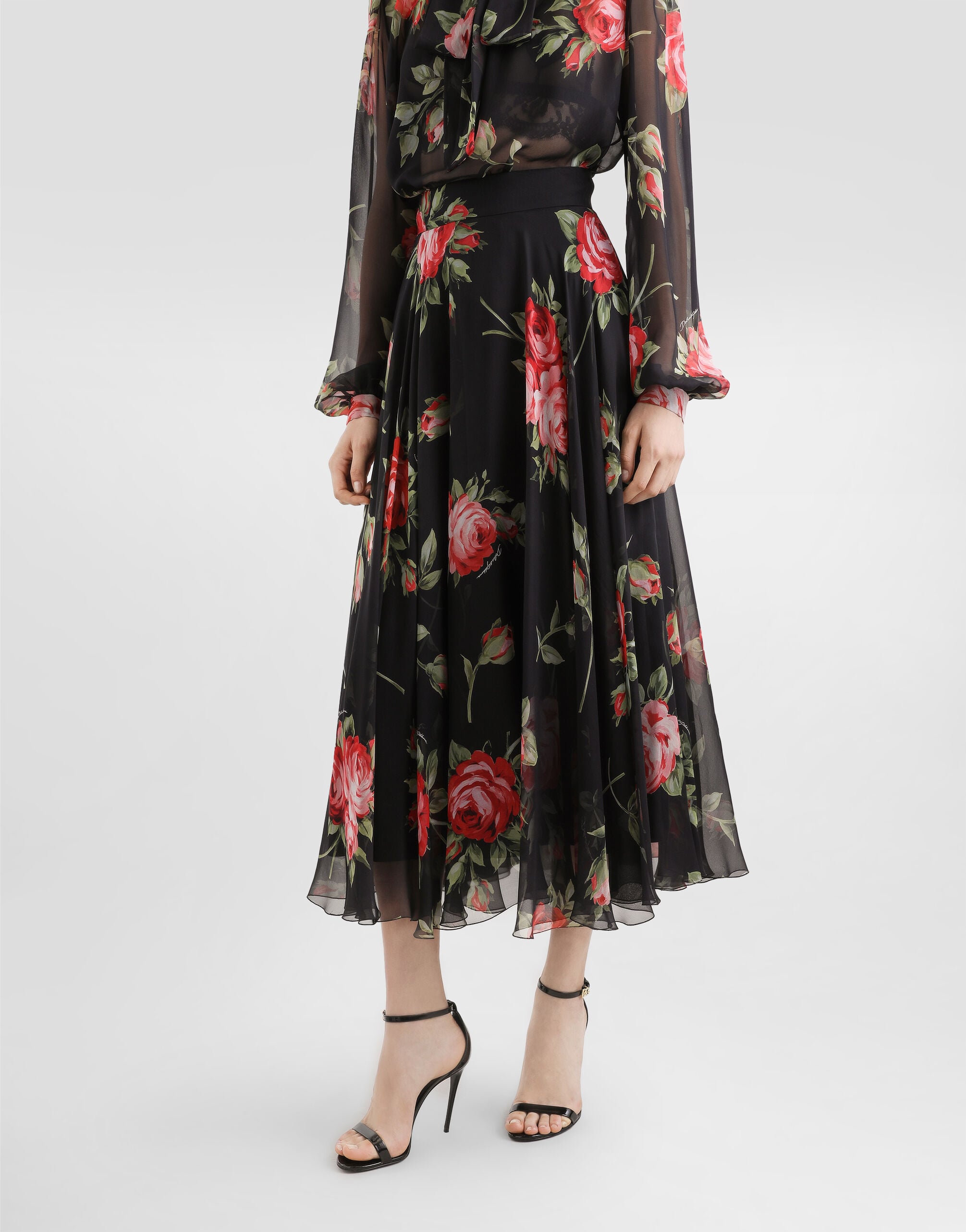 Rose bouquet-print chiffon circle skirt