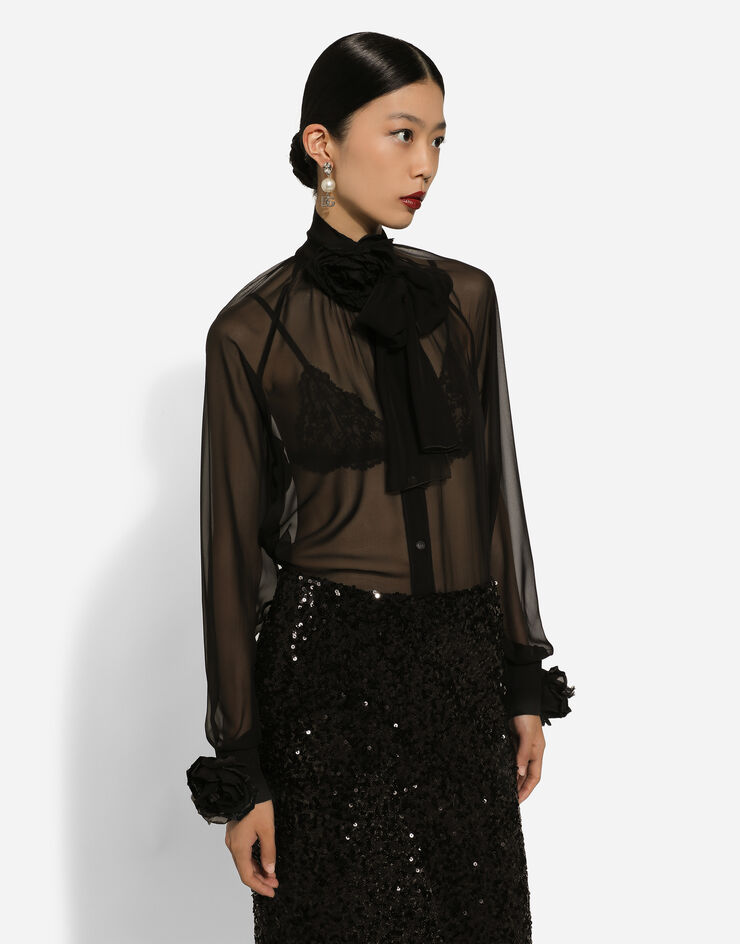Dolce & Gabbana Camisa de chifón con detalles florales Negro F5R50TFU1AT