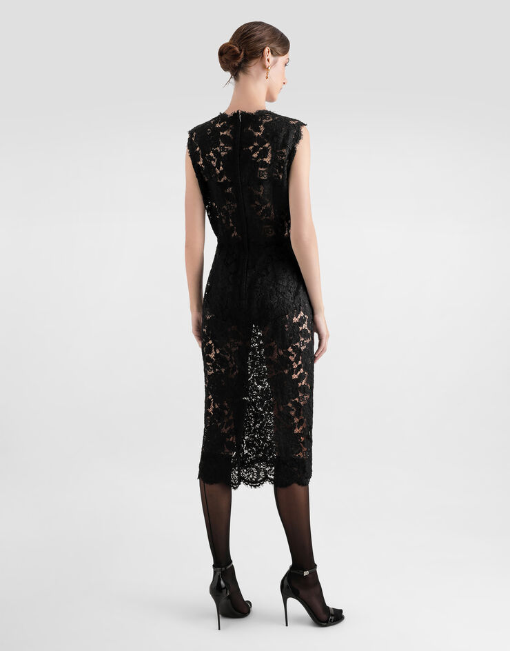 Dolce & Gabbana Longuette-Kleid aus elastischer Spitze mit Logo Schwarz F6H0ZTHLM7L