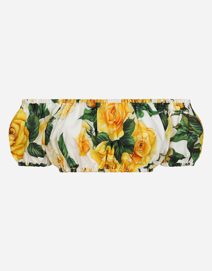 Dolce & Gabbana Top court en coton à encolure Bardot et imprimé roses jaunes Imprimé F755RTHS5NK