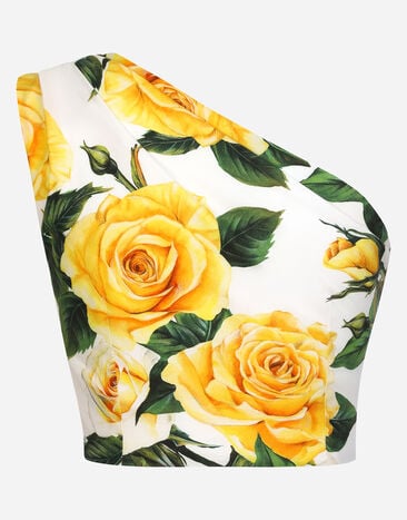 Dolce & Gabbana Kurzes One-Shoulder-Top aus Baumwolle Gelbe-Rosen-Print Drucken F771OTFSEHW