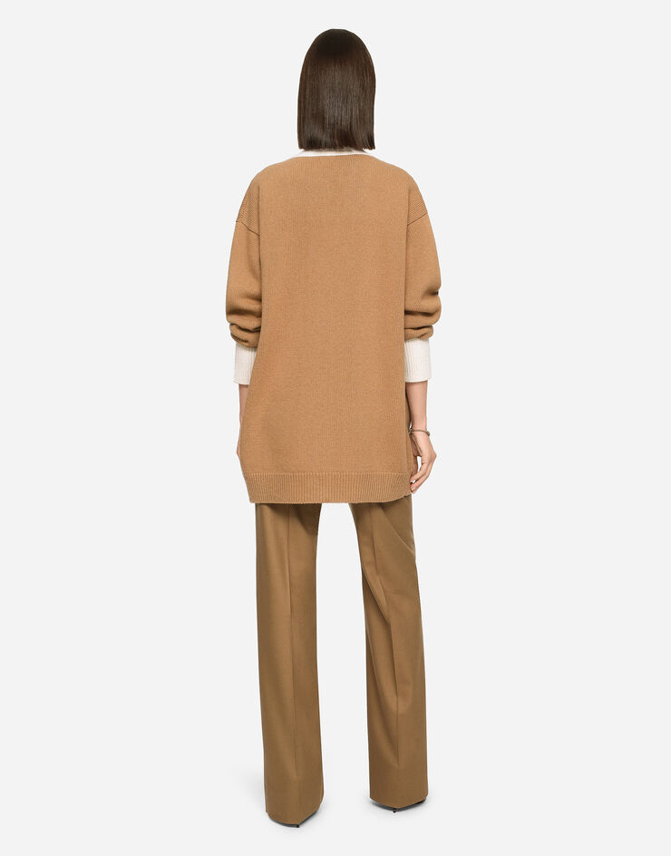 Dolce&Gabbana Flared flannel pants with logo tag Beige FTCZITGDBWW