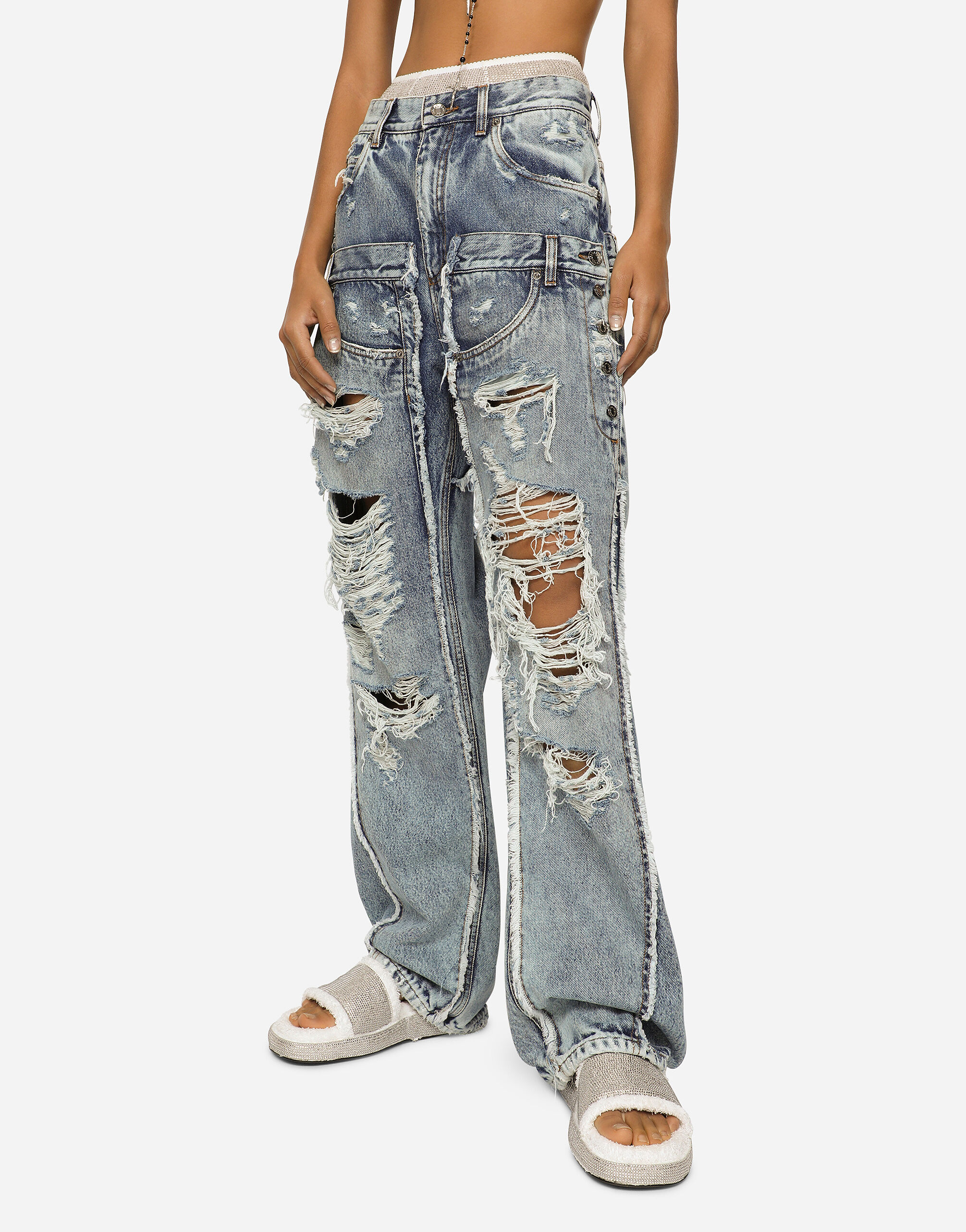 KIM DOLCE GABBANA Patchwork denim jeans with ripped details in