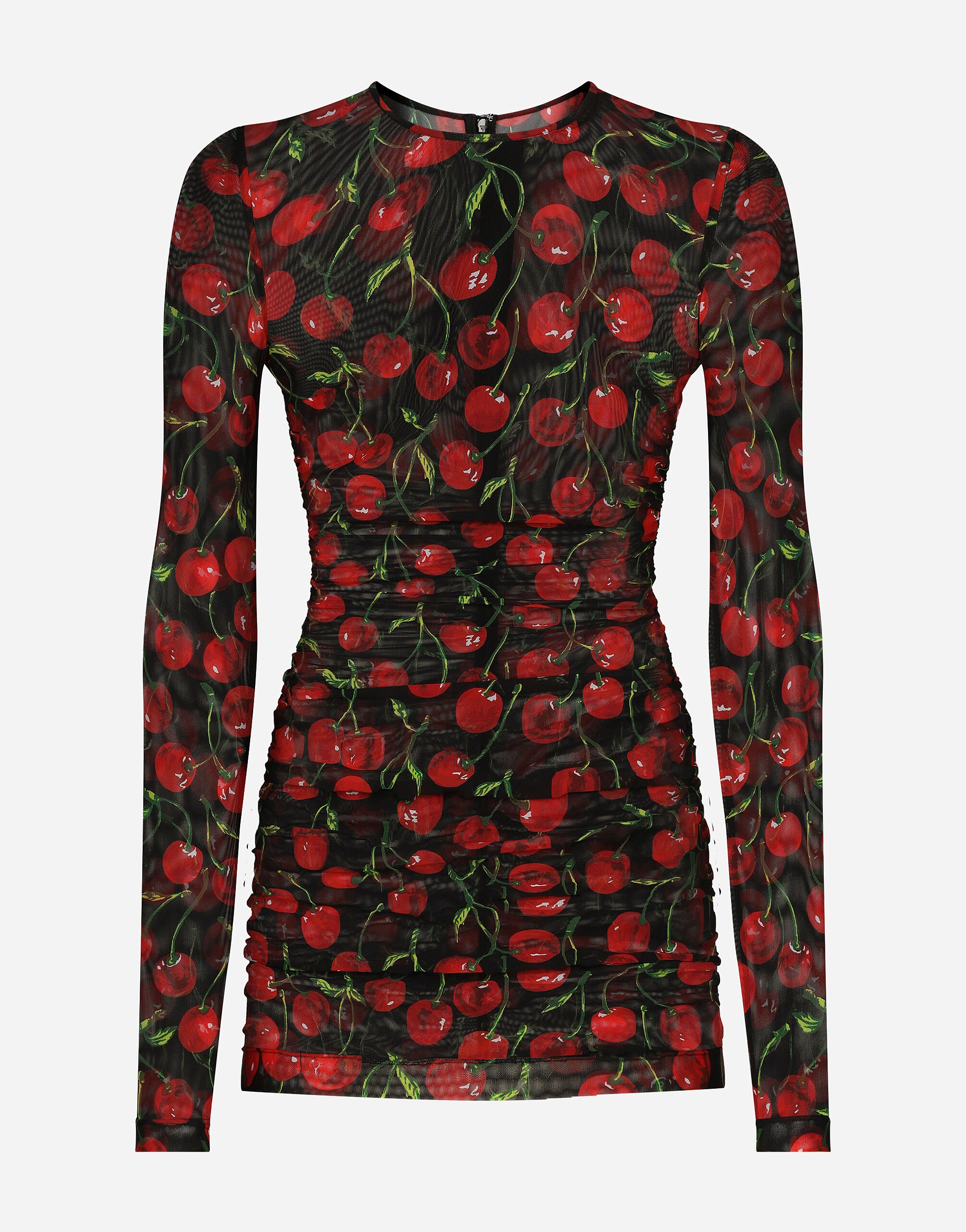 Dolce & Gabbana Long-sleeved tulle top with cherry print and draping Black VG6186VN187