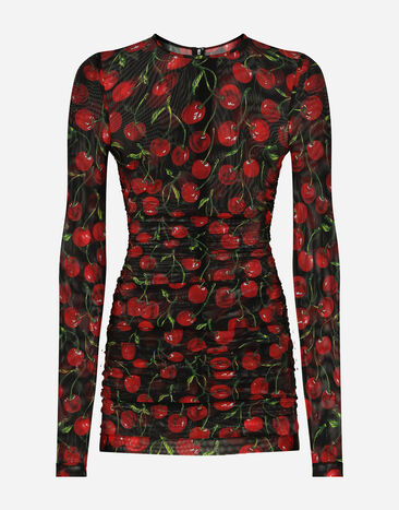 Dolce&Gabbana Long-sleeved tulle top with cherry print and draping Black F4CLKTFU8BM