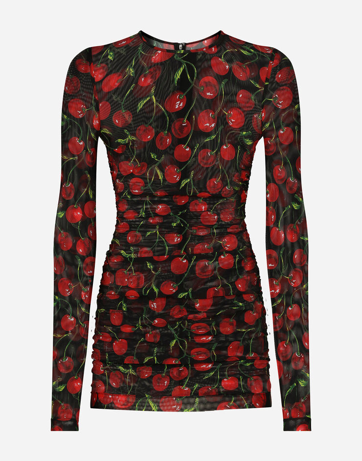 Dolce & Gabbana Long-sleeved tulle top with cherry print and draping Multicolor F8U39TFSUA2