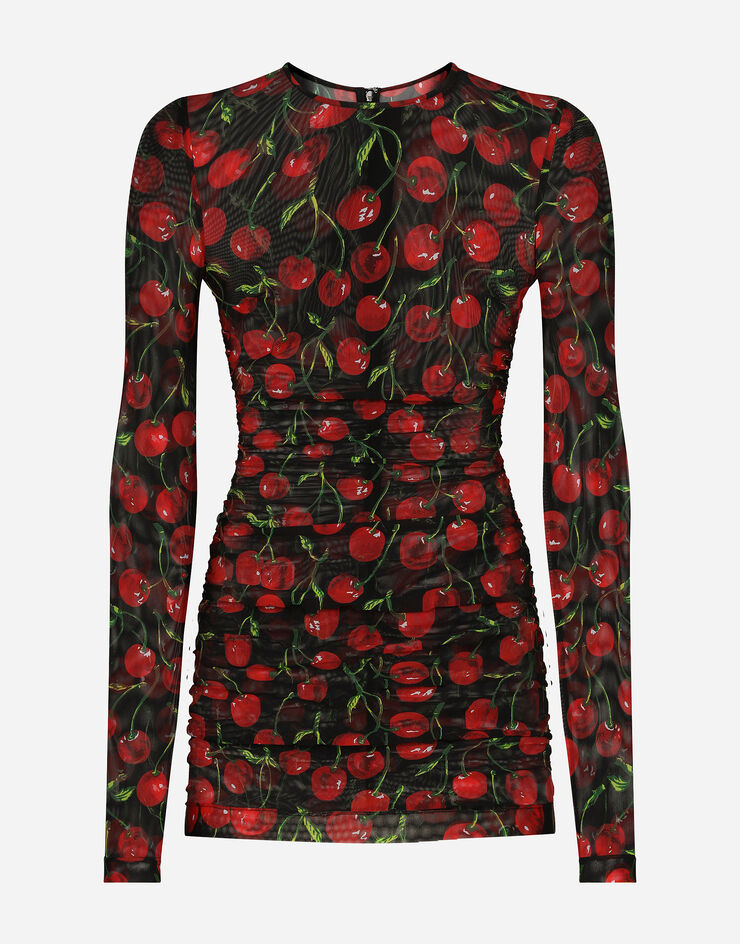 Dolce&Gabbana Long-sleeved tulle top with cherry print and draping Multicolor F8U39TFSUA2