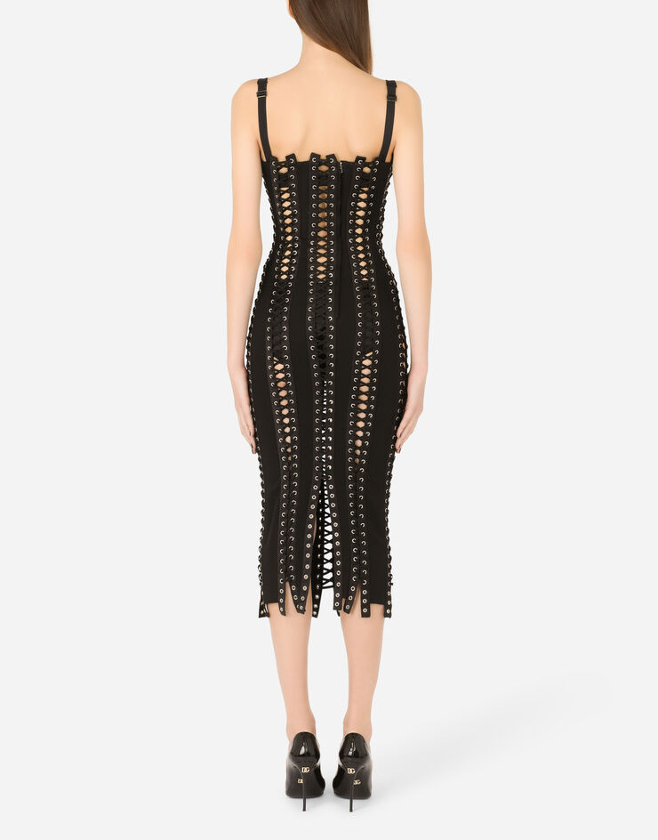 Dolce & Gabbana Vestido longuette de charmeuse con cordones y ojetes Negro F6D6HTFUADB