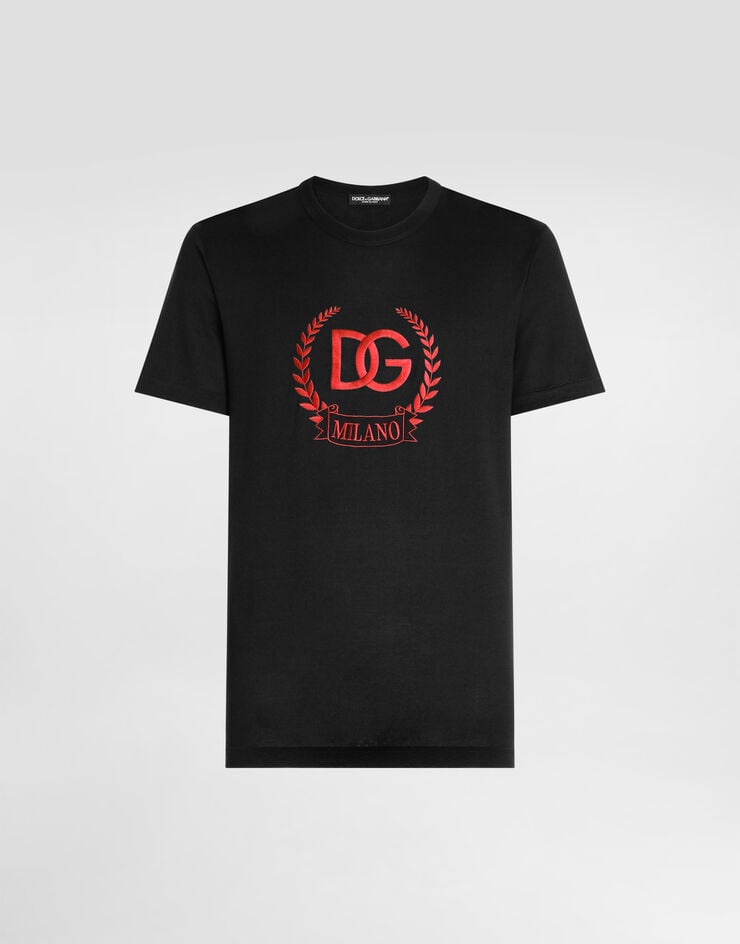 Dolce&Gabbana Cotton T-shirt with DG Milano logo embroidery Black G8PE3ZG7J5Y