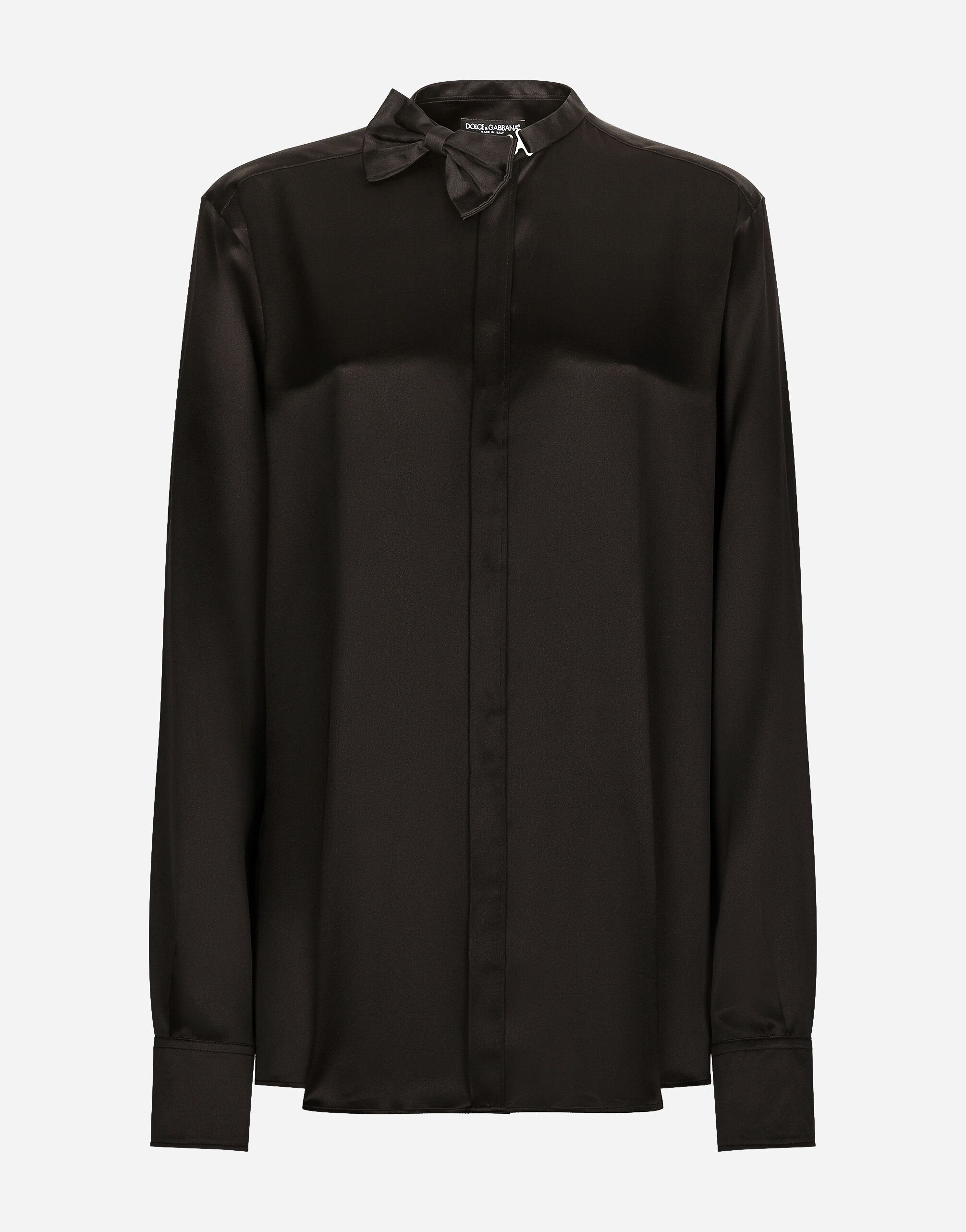 Dolce & Gabbana قميص ساتان بتفاصيل ربطة عنق أسود BB6711AV893