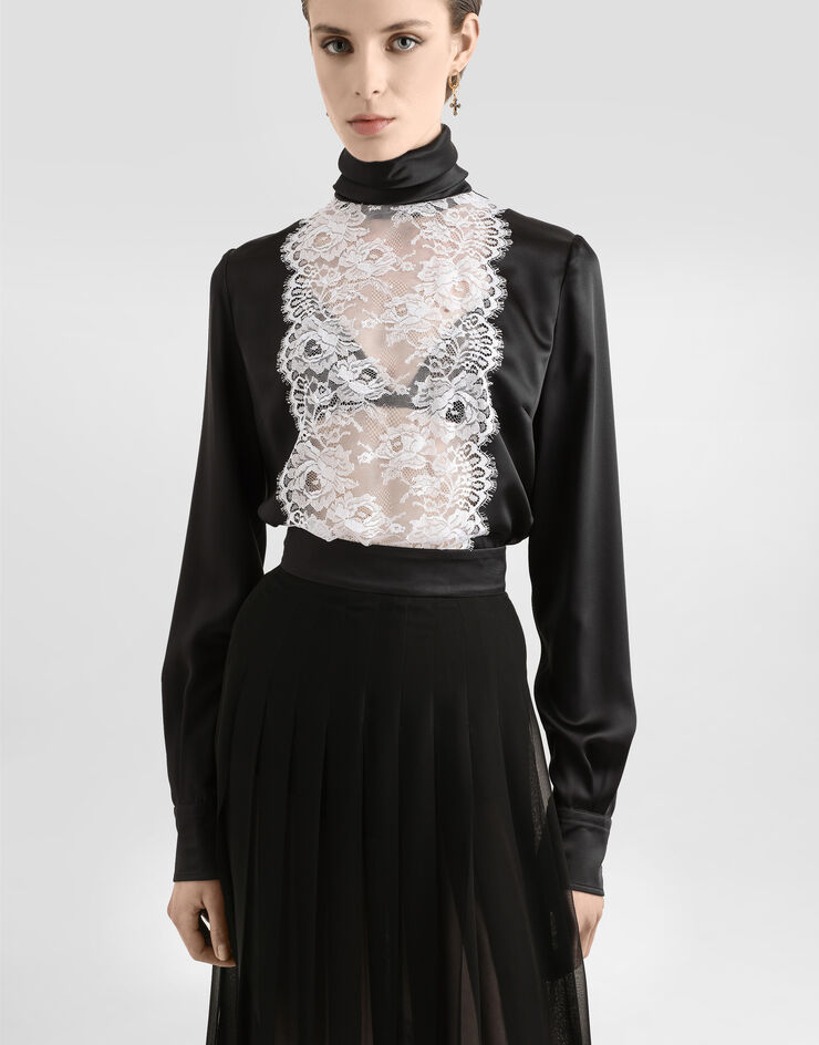 Dolce & Gabbana توب ساتان بمقدمة قميصية دانتيل أسود F7AK0TFU1AU