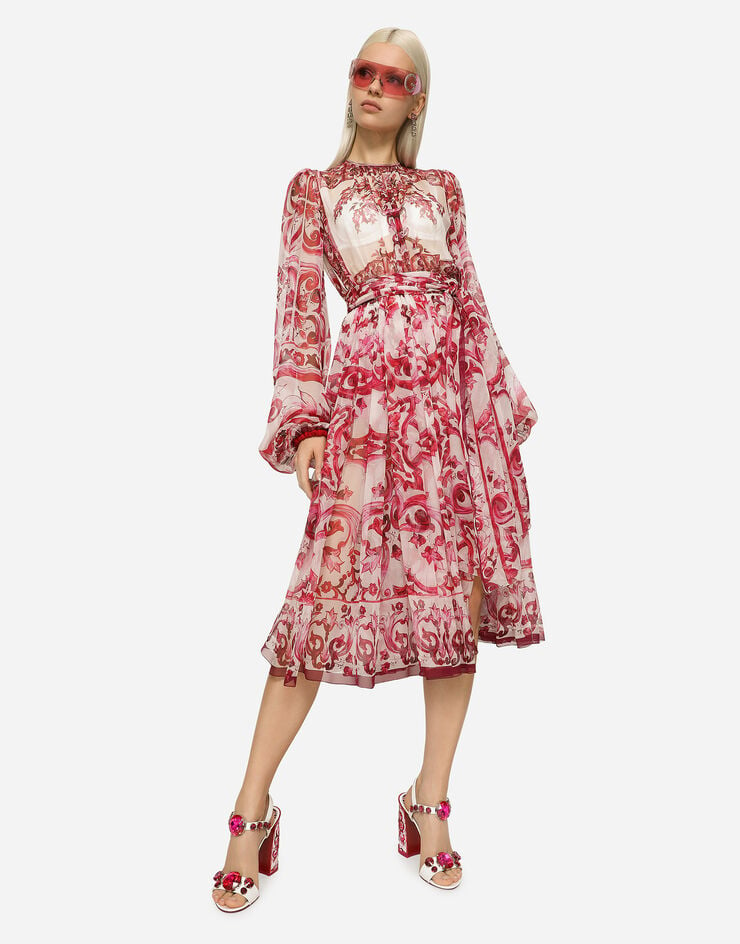 Dolce&Gabbana Robe midi en mousseline à imprimé majoliques Multicolore F6AOJTHI1ME