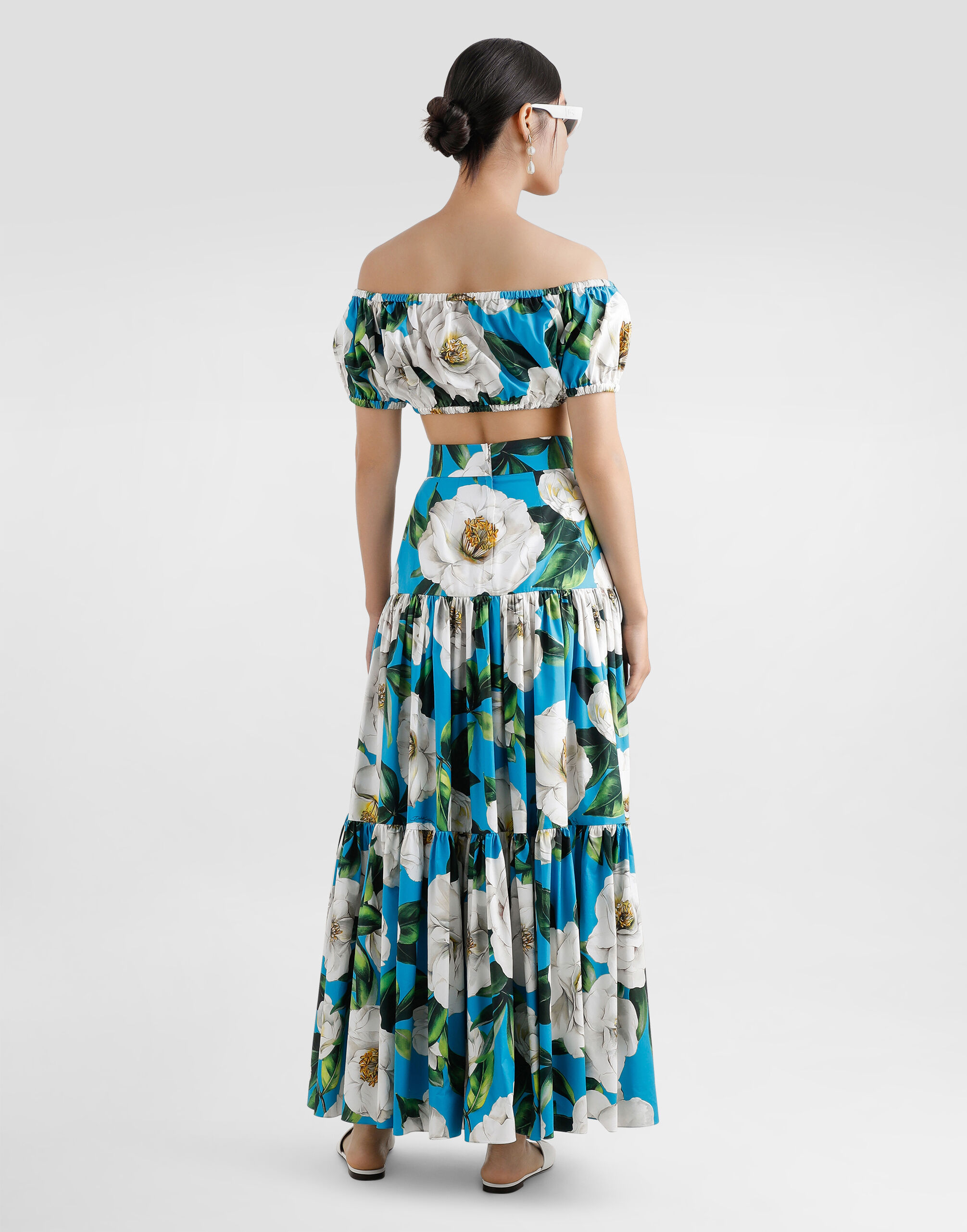 Long ruffled skirt in gardenia-print cotton in Print for
