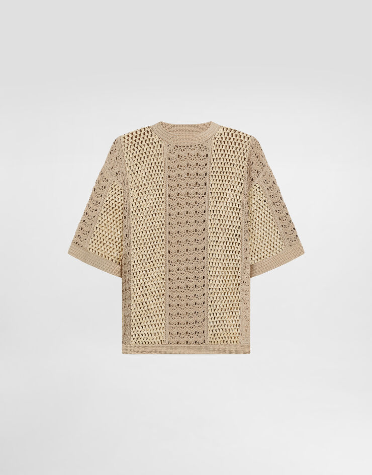 Dolce & Gabbana Jersey de cuello redondo de ganchillo de algodón y viscosa Beige GXXA1TJFMNE