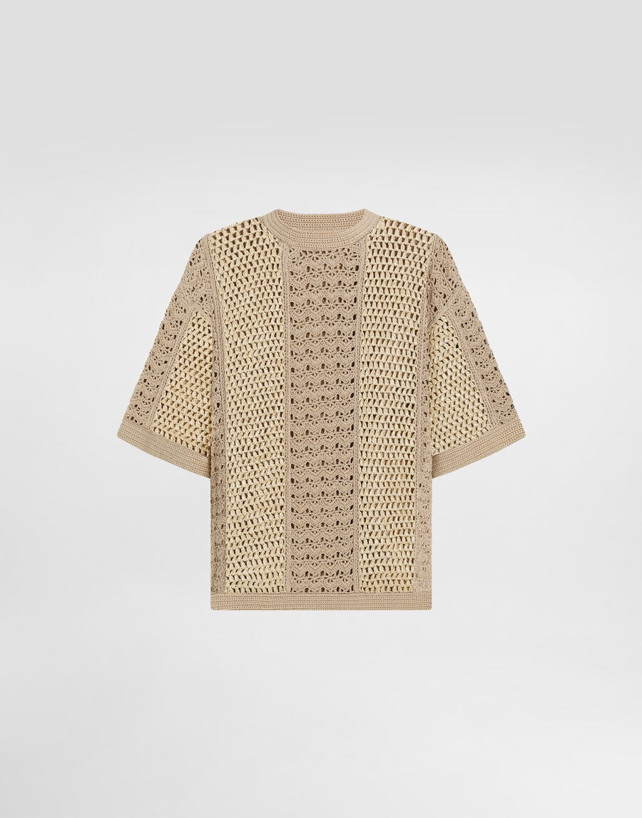Round-neck cotton and viscose crochet top