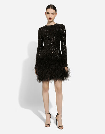 Dolce & Gabbana Short sequined dress with feather trim Black F6DKSTFLUBX