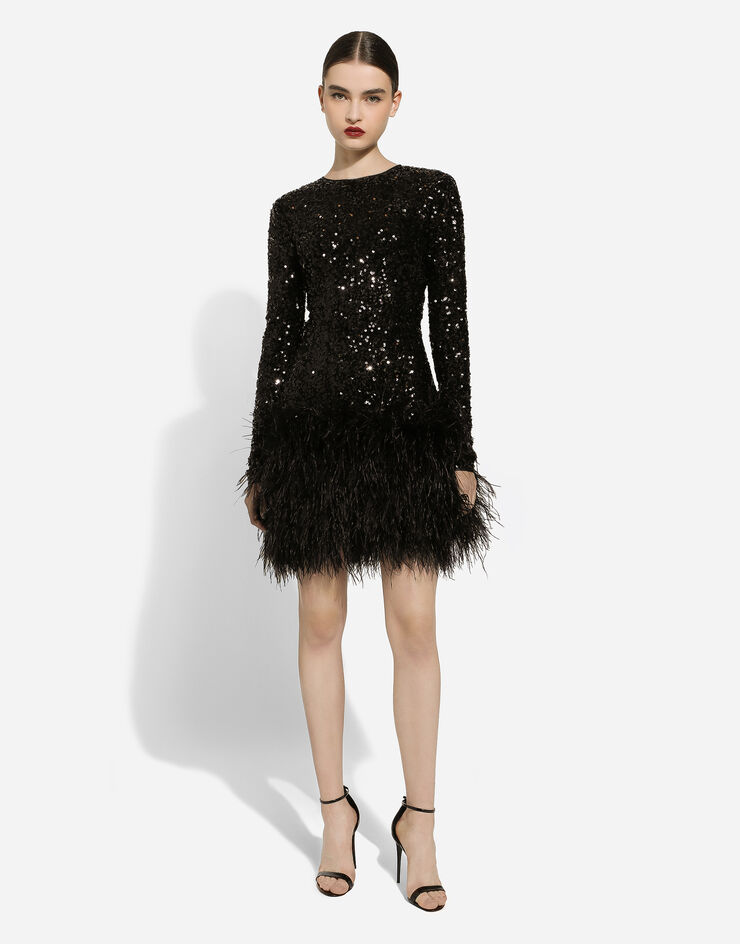 Dolce & Gabbana Kurzes Paillettenkleid mit Federbesatz Schwarz F6DKSTFLUBX