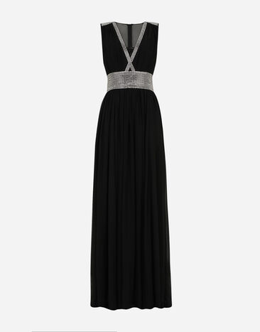 Dolce & Gabbana Long chiffon dress with fusible rhinestone detailing Black F6ZO1ZGD32T