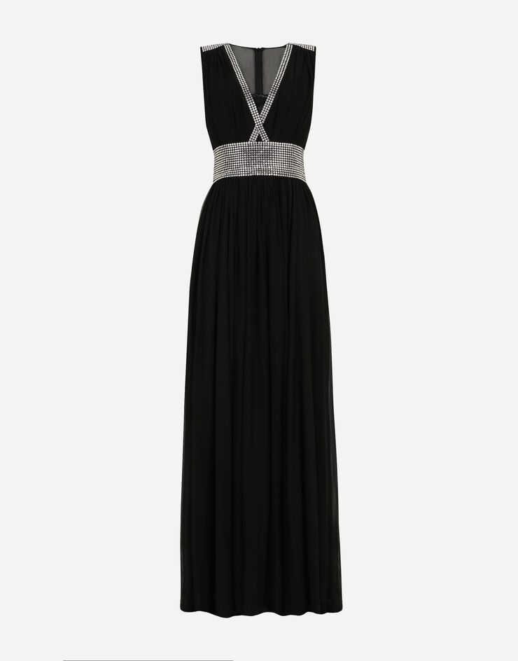 Dolce & Gabbana Robe longue en mousseline avec broderie de strass thermocollants Noir F6ZO1ZGD32T