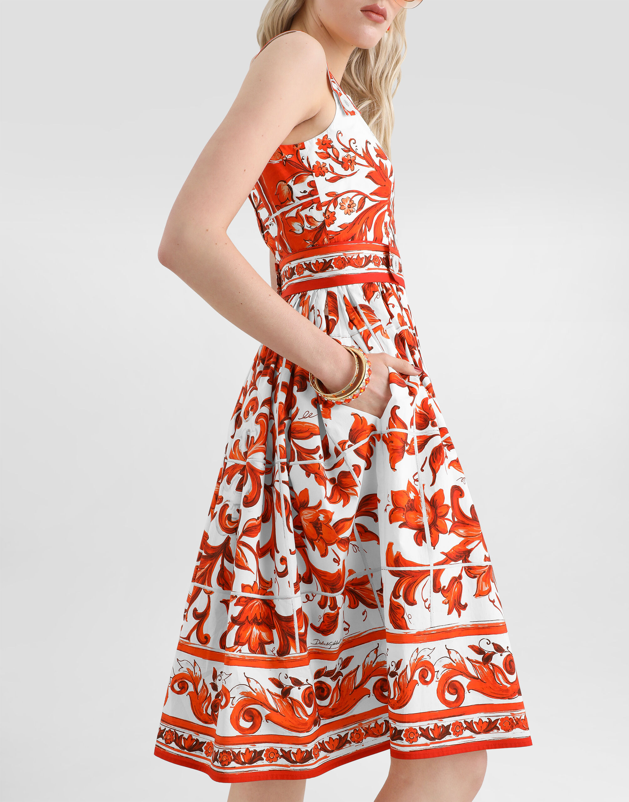 Majolica-print long poplin dress in Multicolor for Women