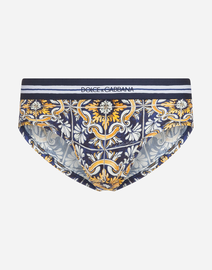 Dolce & Gabbana Cotton Brando briefs with maiolica print on a blue background STAMPA MAIOLICA M3A00JHS7BI
