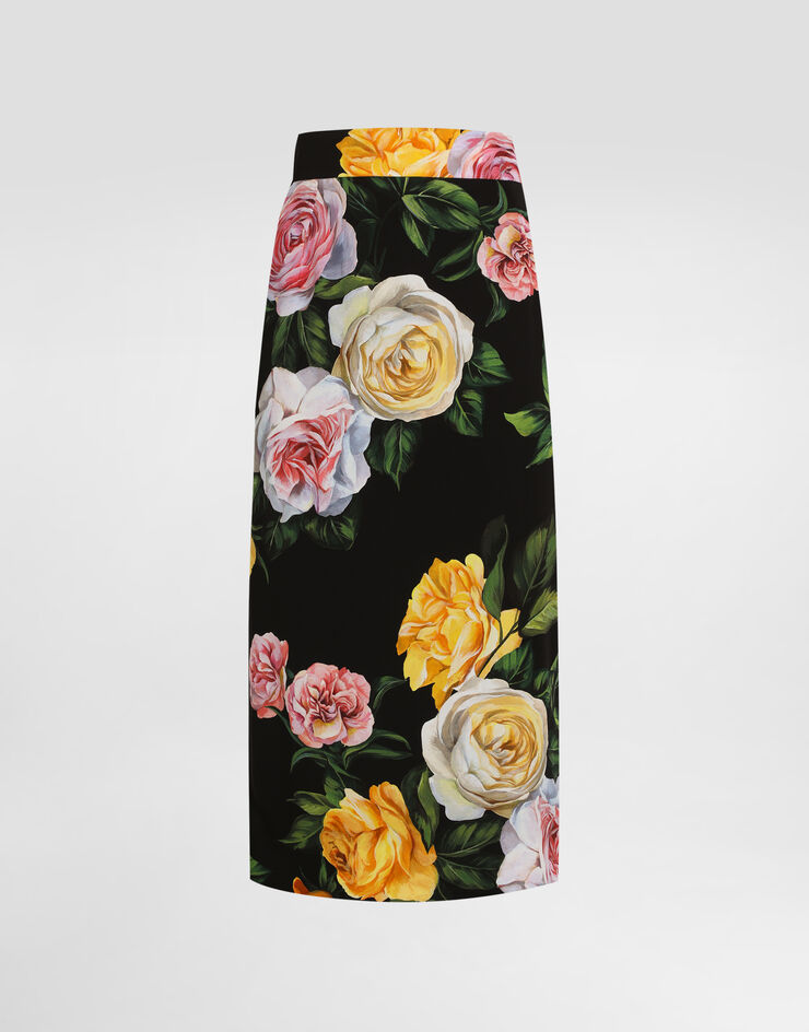 Peony and rose print charmeuse calf length skirt in Print for Women